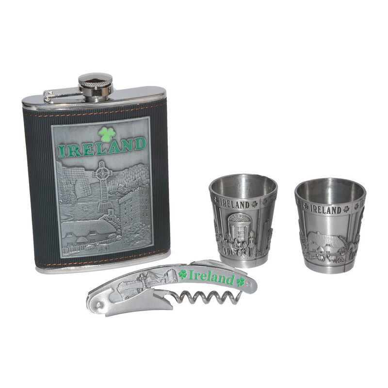 Ireland Collage Hip Flask Gift Set With Shot Glasses And Bottle Opener