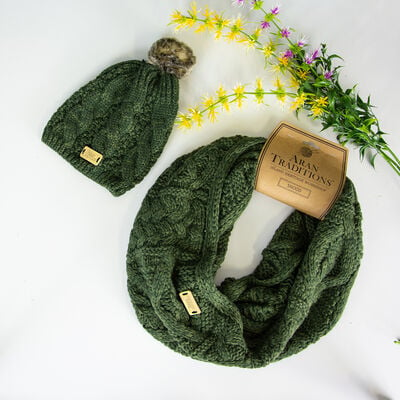 Aran Traditions Knitted Snood & Tammy Hat Set, Green Colour