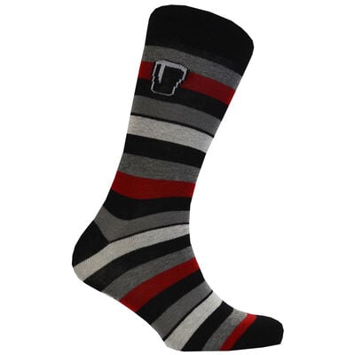 Guinness Socks With Black  Burgundy And Grey Stripes With Pint Design