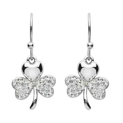 Platinum Plated Small Shamrock Leaf Drop Earrings With Clear Swarovski Crystals