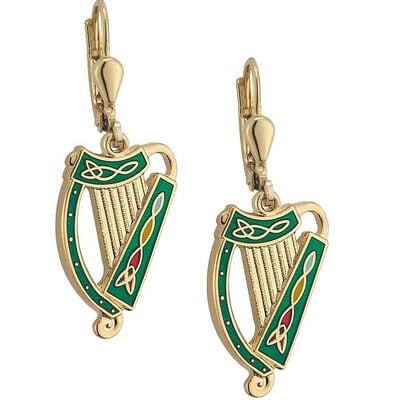 Gold Plated Green And Gold Irish Harp Celtic Designed Earrings