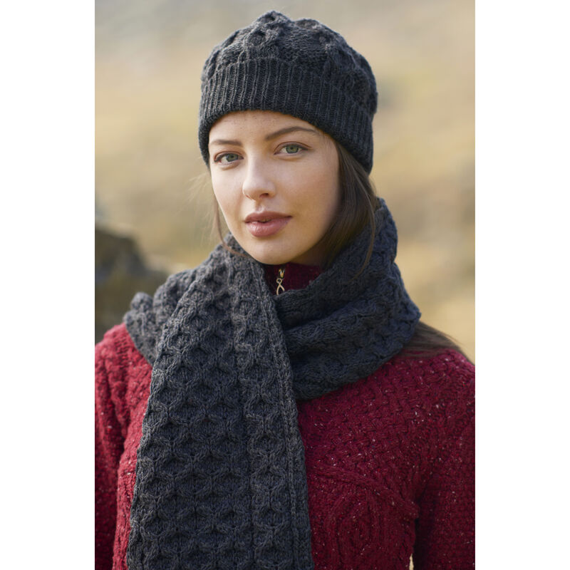 100% Merino Wool Honeycomb Knitted Hat & Scarf Set, Charcoal Colour