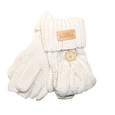 Kids Aran Knitted Cable Pattern Foldover Mittens  Cream Colour