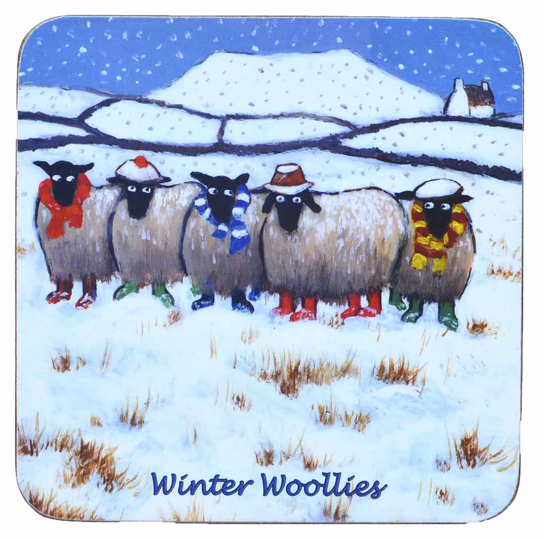 Irish Coaster With Five Sheep With Hats And Scarves And Text “Winter Woollies”