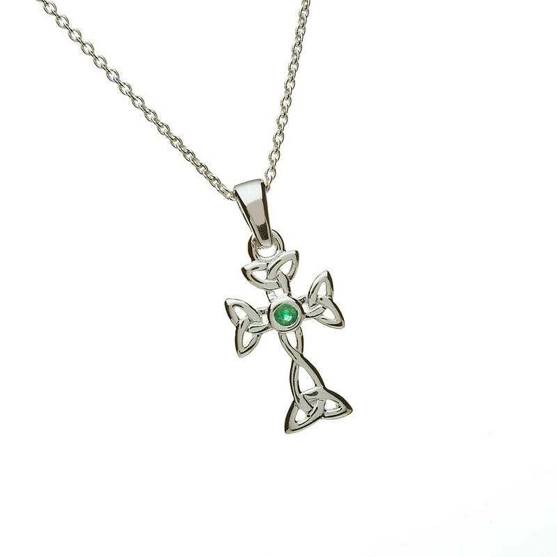 Hallmarked Sterling Silver Pendant Trinity Knot Cross Design And Green Centre