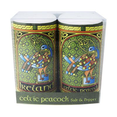 Celtic Peacock Ireland Salt and Pepper Shaker With A Coloured Trinity Irish Design