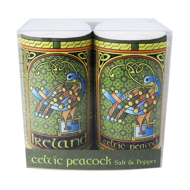 Celtic Peacock Ireland Salt and Pepper Shaker With A Coloured Trinity Irish Design