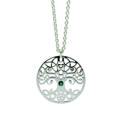 Sliver Plated Tree of Life Pendant With Emerald Cubic Zirconia