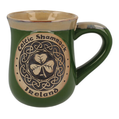 Irish Designed Pottery Mug With A Celtic Shamrock Design, Green Colour