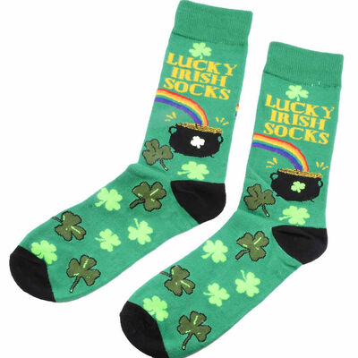 Green Lucky Irish Socks With Shamrock  Rainbow And Gold Design