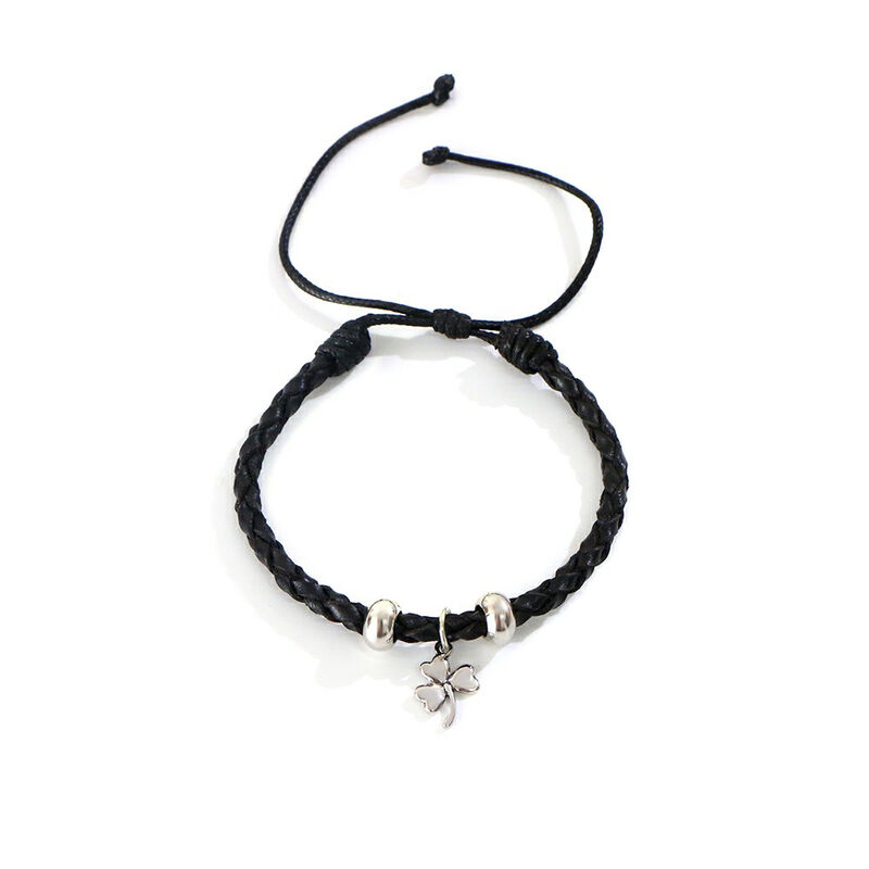 Celtic Leather Weave Bracelet With Shamrock Charm, Black Colour