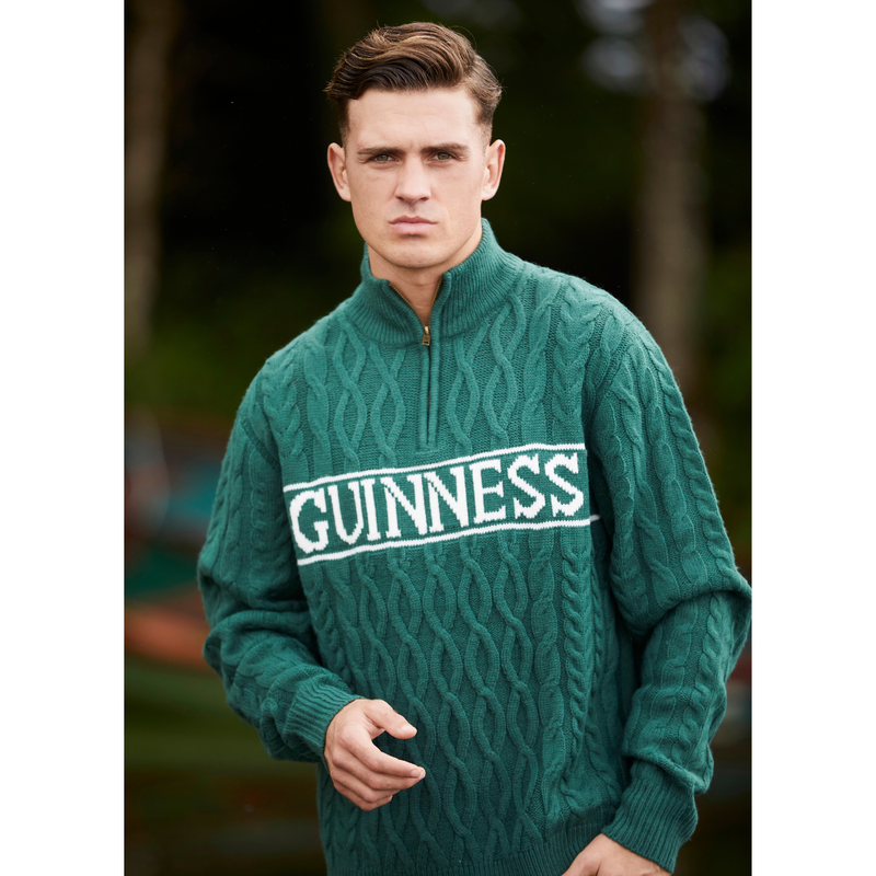 Guinness Aran Knit 1/4th Zip Sweater- Moss Green