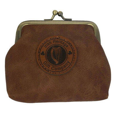 Irish Heritage Gift Company Leather Coin Purse In Brown With Harp Seal Design