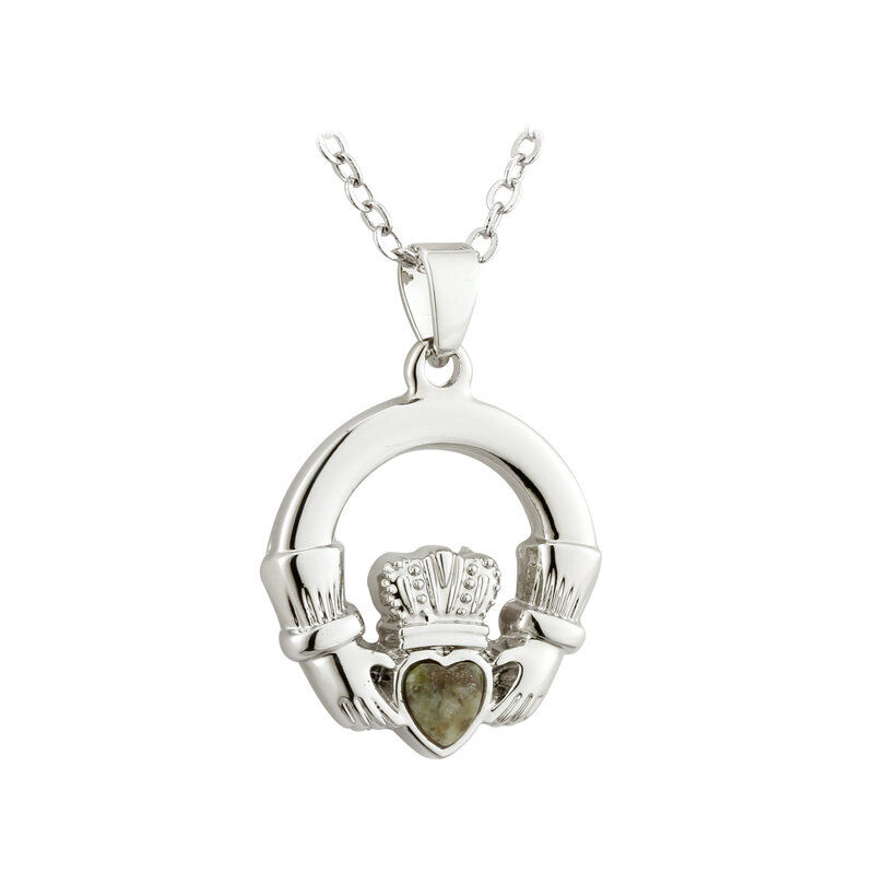 Silver Plated Claddagh Pendant With Connemara Marble Heart