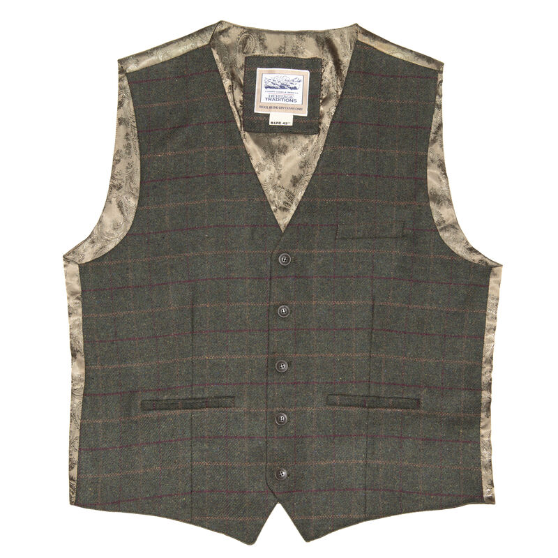 Heritage Traditions Tweed Box Check Waistcoat, Green Colour