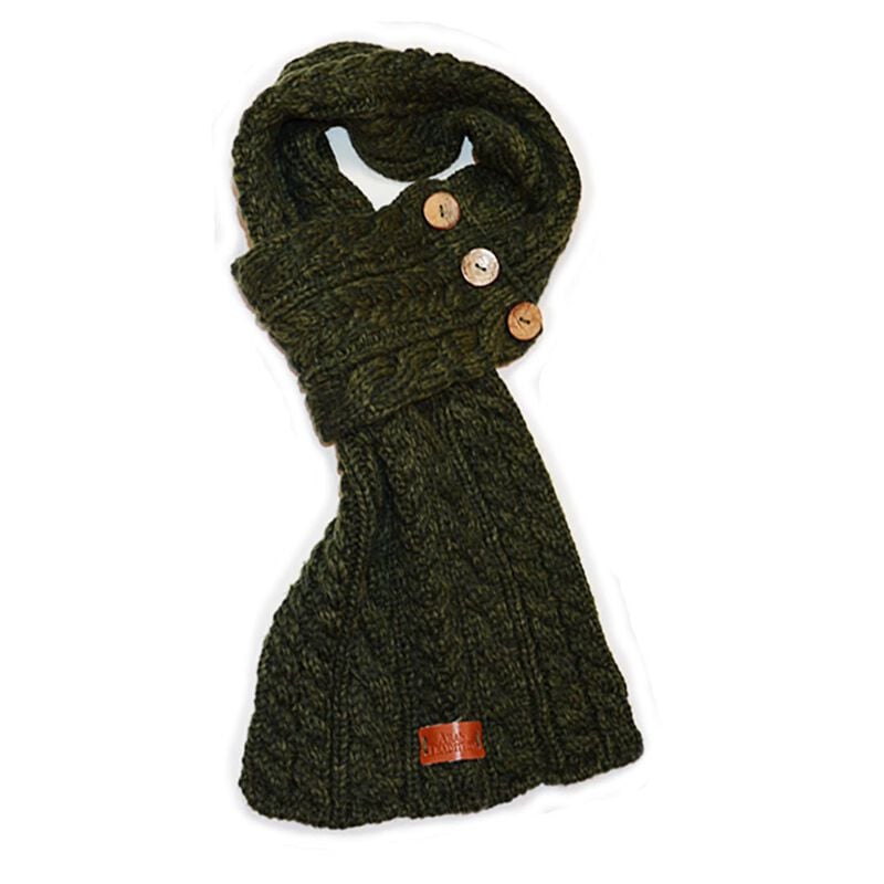 Green Wrap Scarf With Cable Knitted Design And Three Buttons