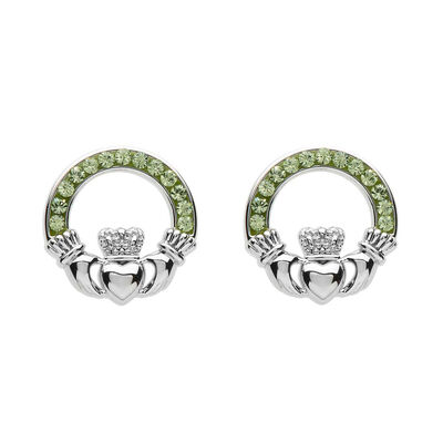 Platinum Plated Claddagh Stud Earrings With Peridot Crystals