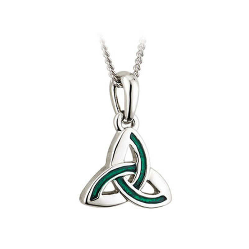 Rhodium Plated Trinity Knot Pendant With Green Plastic Inlay