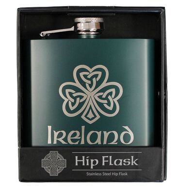 Green Celtic Shamrock Designed Stainless Steel 6Oz Hip Flask