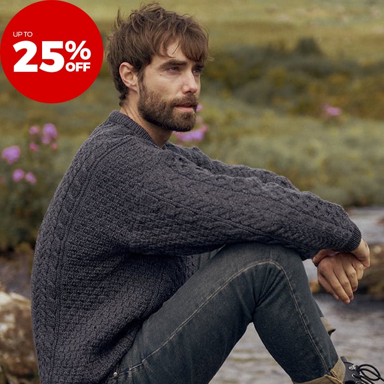 Go to the product listing page for all mens aran knitwear products