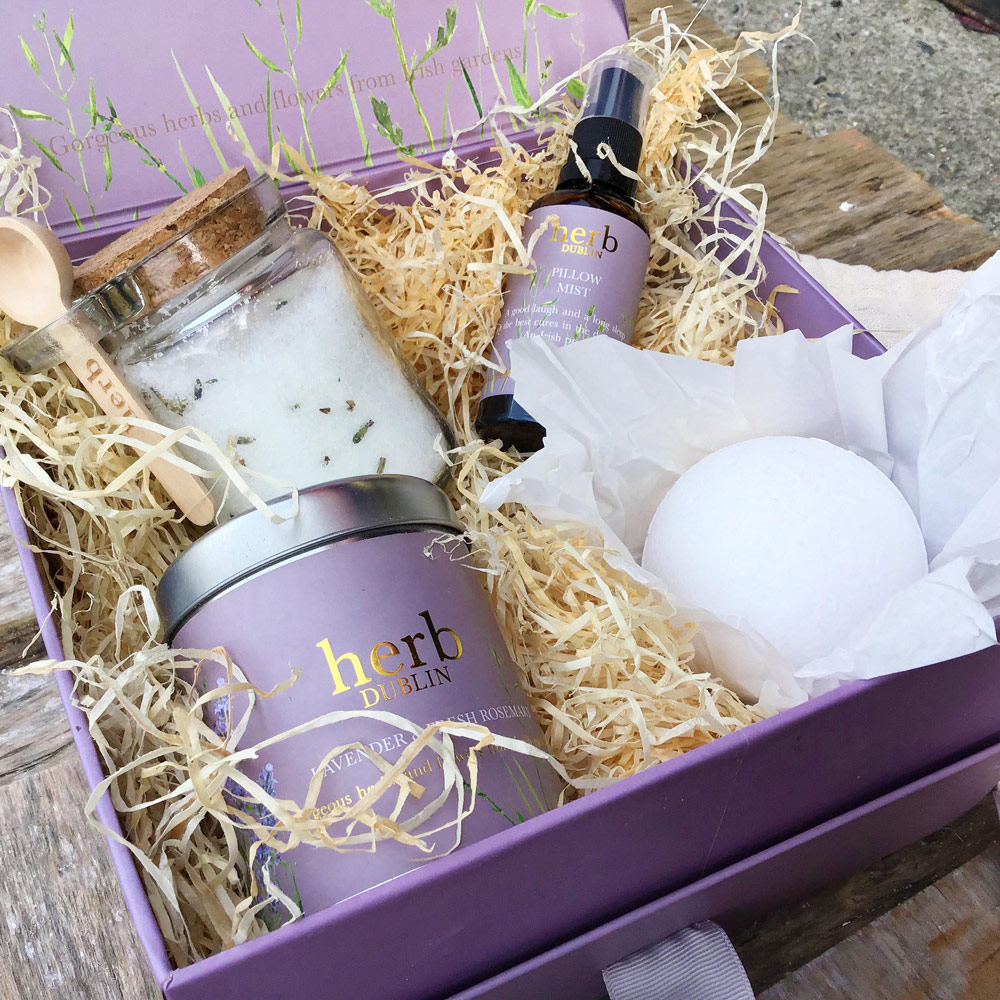 Herb Dublin Lavender Hamper box open on a wodden table showing the products